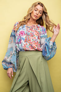 Easel Floral Print Mix n Match Top in Grey Blue Shirts & Tops Easel   