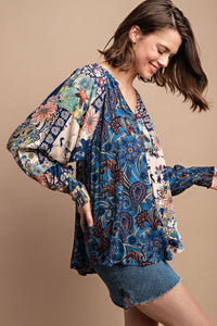 GiGiO Mixed Print Faux Button Front Top in Midnight ON ORDER