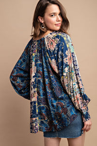 GiGiO Mixed Print Faux Button Front Top in Midnight ON ORDER