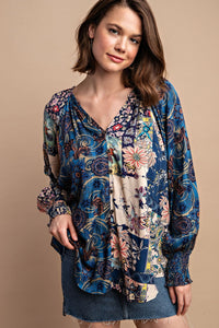 GiGiO Mixed Print Faux Button Front Top in Midnight ON ORDER