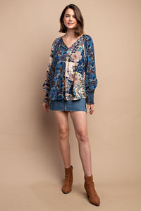 GiGiO Mixed Print Faux Button Front Top in Midnight ON ORDER