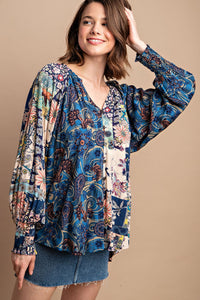 GiGiO Mixed Print Faux Button Front Top in Midnight ON ORDER