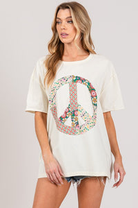 Sage+Fig Solid Color Top with Floral Peace Sign Applique in Cream ON ORDER