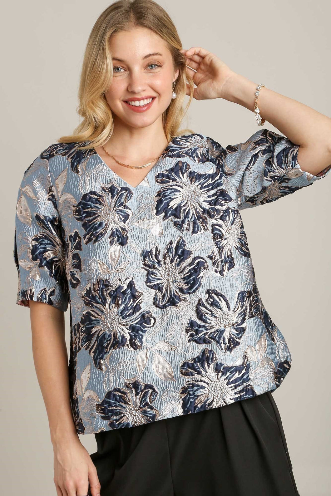 Umgee Boxy Cut Metallic Floral Jacquard Top in Blue