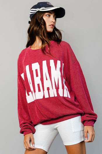BucketList Oversized Ribbed ALABAMA Print Top in Crimson