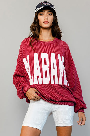 BucketList Oversized Ribbed ALABAMA Print Top in Crimson