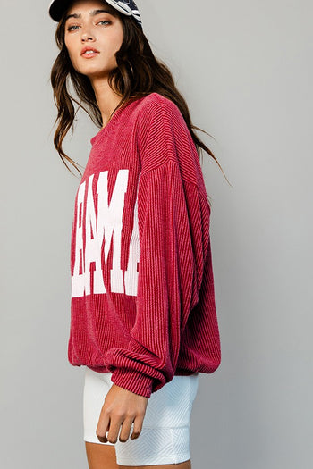 BucketList Oversized Ribbed ALABAMA Print Top in Crimson