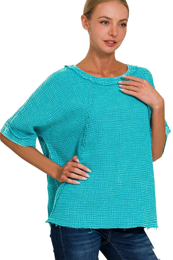Mineral Washed Double Layer Gauze Top in Light Teal Shirts & Tops Zenana   