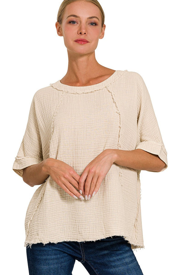Mineral Washed Double Layer Gauze Top in Sand Beige Shirts & Tops Zenana   