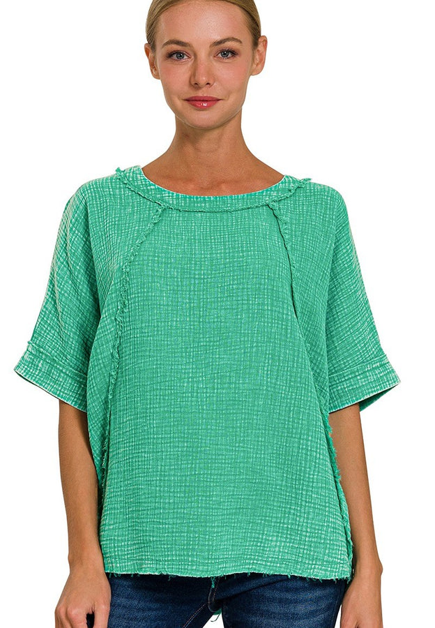 Mineral Washed Double Layer Gauze Top in Kelly Green Shirts & Tops Zenana   
