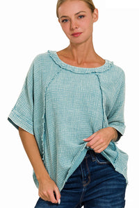 Mineral Washed Double Layer Gauze Top in Dusty Teal Shirts & Tops Zenana   