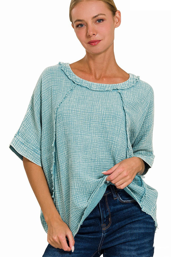 Mineral Washed Double Layer Gauze Top in Dusty Teal Shirts & Tops Zenana   