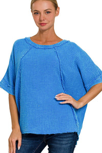 Mineral Washed Double Layer Gauze Top in Ocean Blue ON ORDER Shirts & Tops Zenana   