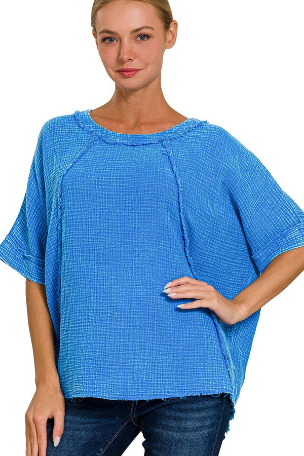 Mineral Washed Double Layer Gauze Top in Ocean Blue Shirts & Tops Zenana   