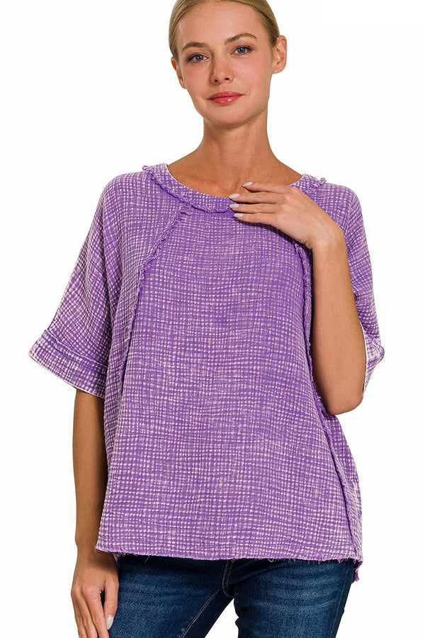 Mineral Washed Double Layer Gauze Top in Violet Shirts & Tops Zenana   
