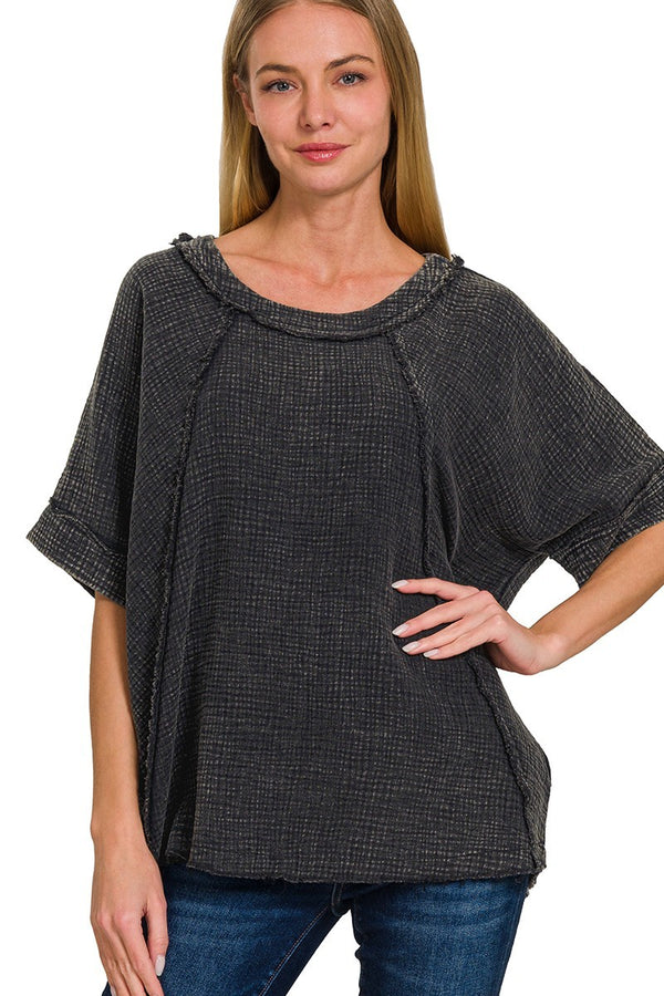 Mineral Washed Double Layer Gauze Top in Ash Black Shirts & Tops Zenana   