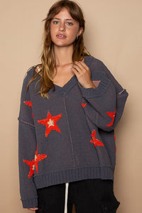 POL Berber Star Print Sweater in Charcoal