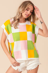 BiBi Multi Colored Checkered Pattern Sweater Vest in Lemon/Lime/Blush Shirts & Tops BiBi   