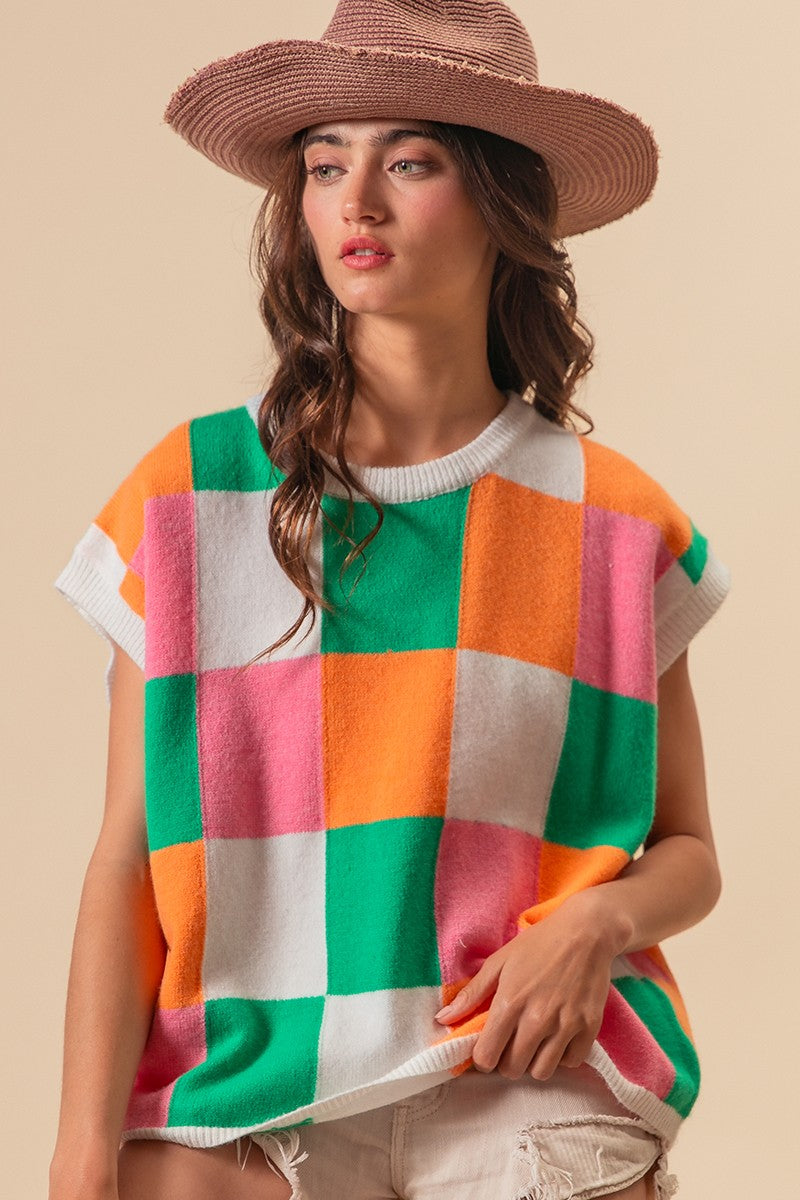 BiBi Multi Colored Checkered Pattern Sweater Vest Top in Orange