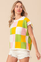 BiBi Multi Colored Checkered Pattern Sweater Vest in Lemon/Lime/Blush Shirts & Tops BiBi   
