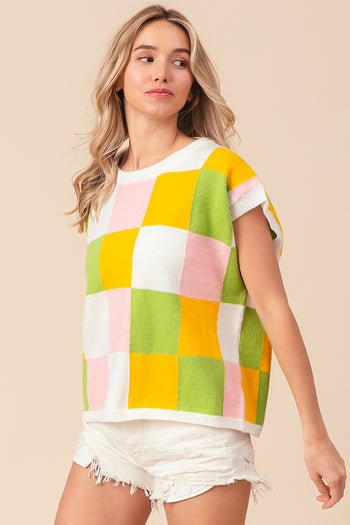 BiBi Multi Colored Checkered Pattern Sweater Vest in Lemon/Lime/Blush Shirts & Tops BiBi   