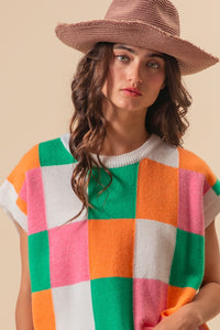 BiBi Multi Colored Checkered Pattern Sweater Vest in Orange/Pink/Jade Shirts & Tops BiBi   