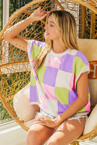 BiBi Multi Colored Checkered Pattern Sweater Vest in Lavender/Lime/Blush Shirts & Tops BiBi   