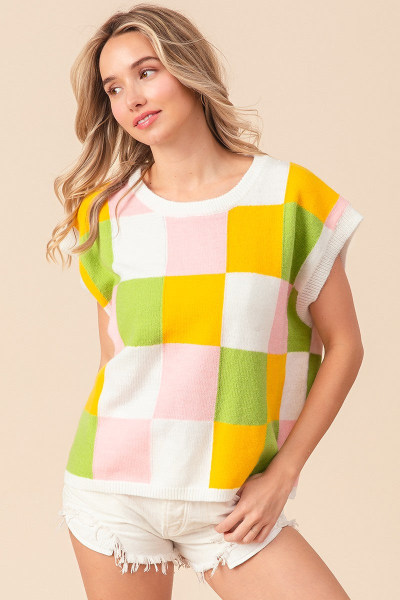 BiBi Multi Colored Checkered Pattern Sweater Vest in Lemon/Lime/Blush Shirts & Tops BiBi   