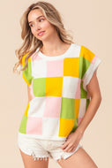 BiBi Multi Colored Checkered Pattern Sweater Vest in Lemon/Lime/Blush Shirts & Tops BiBi   