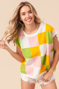 BiBi Multi Colored Checkered Pattern Sweater Vest in Lemon/Lime/Blush Shirts & Tops BiBi   