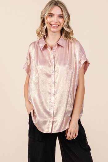 Jodifl Metallic Button Down Dolman Top in Pink