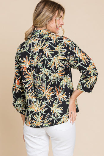 Jodifl Plant Print Button Up Top in Black/Taupe