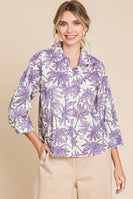 Jodifl Plant Print Button Up Top in Off White/Lavender