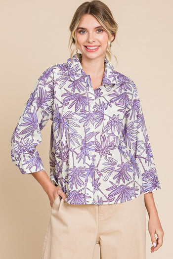 Jodifl Plant Print Button Up Top in Off White/Lavender