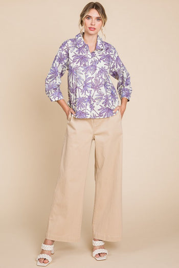 Jodifl Plant Print Button Up Top in Off White/Lavender