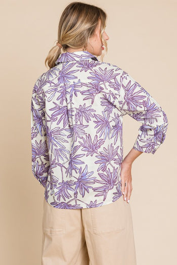 Jodifl Plant Print Button Up Top in Off White/Lavender