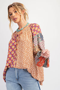 Easel Vintage Boho Printed Challis Top in Natural Toast