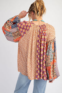 Easel Vintage Boho Printed Challis Top in Natural Toast