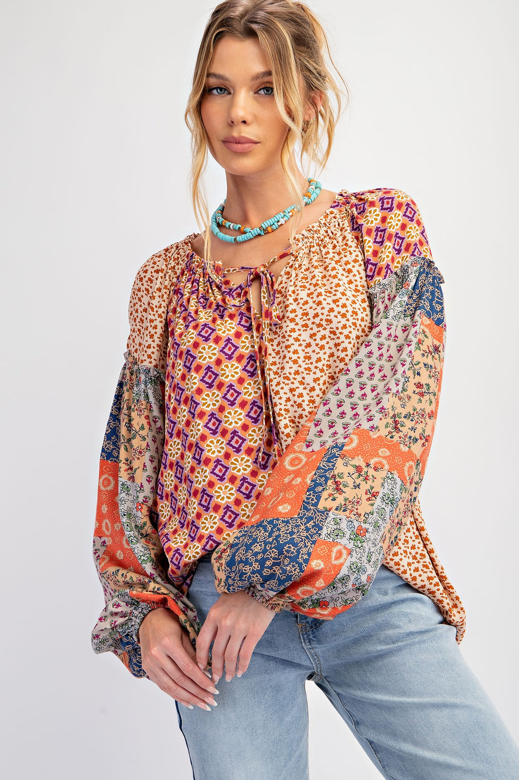 Easel Vintage Boho Printed Challis Top in Natural Toast