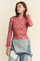 J.nna FITTED Mesh Heart Print Top in Red Hearts