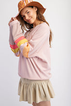 Load image into Gallery viewer, Easel Loose Fit Terry Knit Top with Colorblock Sleeves in Vintage Rose
