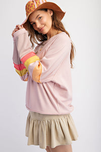 Easel Loose Fit Terry Knit Top with Colorblock Sleeves in Vintage Rose