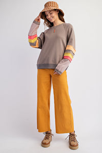 Easel Loose Fit Terry Knit Top with Colorblock Sleeves in Mocha