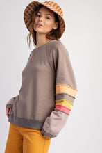 Load image into Gallery viewer, Easel Loose Fit Terry Knit Top with Colorblock Sleeves in Mocha
