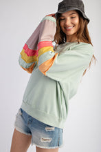 Load image into Gallery viewer, Easel Loose Fit Terry Knit Top with Colorblock Sleeves in Sage
