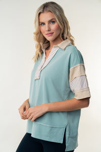 White Birch Oversized Knit Polo Top in Sage Combo