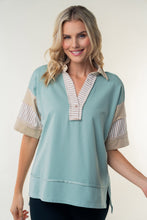 Load image into Gallery viewer, White Birch Oversized Knit Polo Top in Sage Combo
