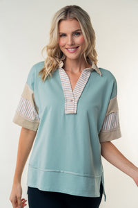 White Birch Oversized Knit Polo Top in Sage Combo