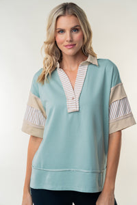 White Birch Oversized Knit Polo Top in Sage Combo