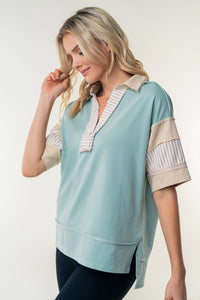 White Birch Oversized Knit Polo Top in Sage Combo